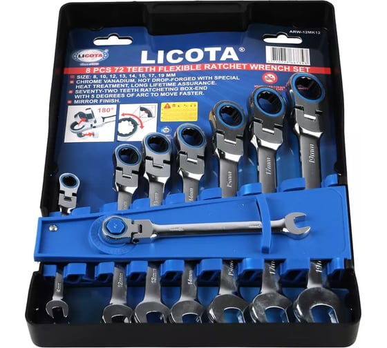 Набор ключей трещоточных комбинированных гибких Licota 72 зуба, 8-19 мм, 8 предметов на пластиковом держателе ARW-12MK12