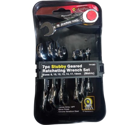 Набор комбинированных трещоточных укороченных ключей AmPro 7 предметов 8-19 мм T41383