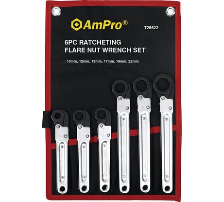 Набор ключей AmPro накидных раскрывающихся с трещоткой, 6 предметов, 10-22мм T28622