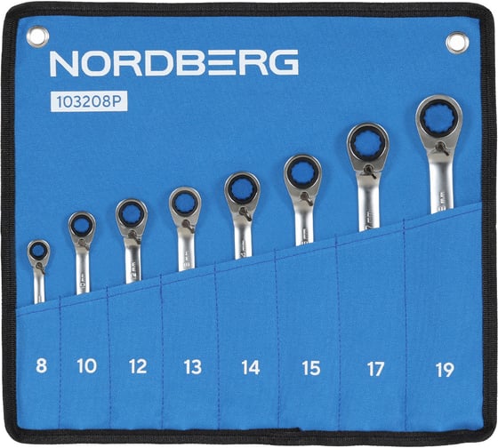 Набор ключей трещоточных с флажковым переключателем NORDBERG, 8 предметов, 8-19 мм 103208P