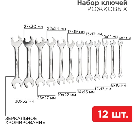 Набор рожковых ключей  REXANT 6-32 мм 12 шт, CrV, полированный хром 12-5845