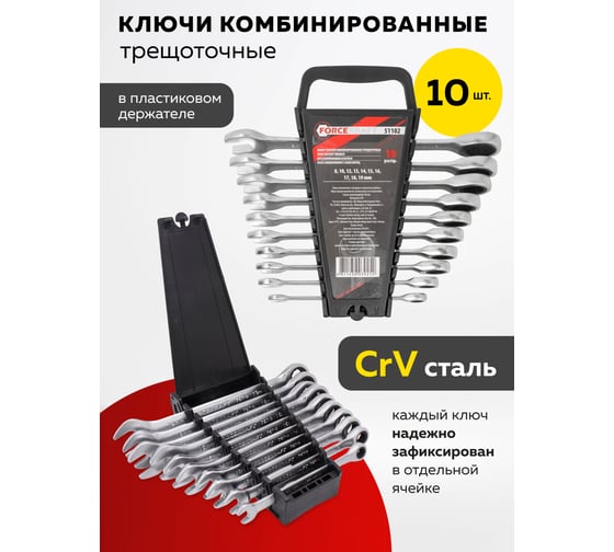 Набор комбинированных трещоточных ключей Forcekraft 10пр. (8,10,12-19 мм) в пласт. держателе FK-51102(51236)