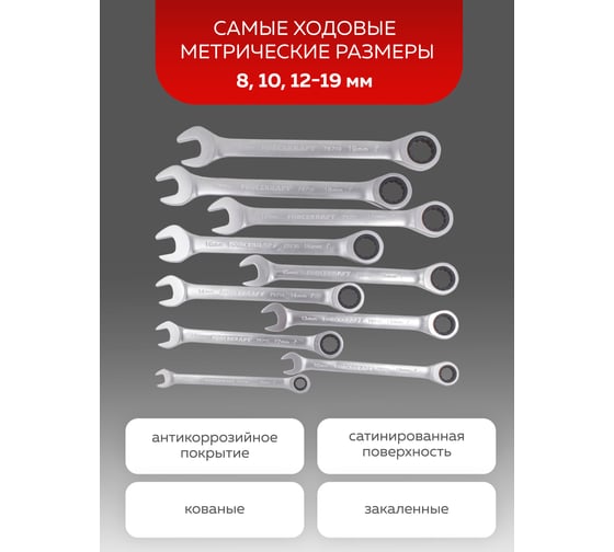 Набор комбинированных трещоточных ключей Forcekraft 10пр. (8,10,12-19 мм) в пласт. держателе FK-51102(51236)