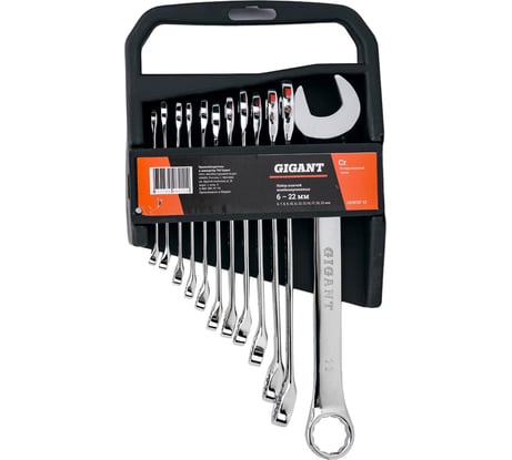 Набор комбинированных ключей Gigant 6 - 22 мм, 12 шт., полированный хром, Сталь Cr-V, 6-22мм, GDWSP-12
