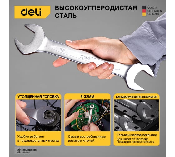 Набор двусторонних гаечных ключей DELI 10-32мм /12 шт DL160012A (Сталь 40Cr, чехол из ткани oxford) 98323