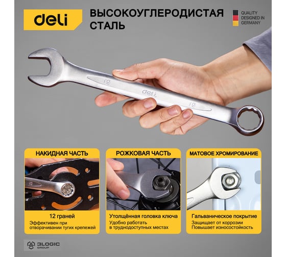 Набор комбинированных гаечных ключей DELI 6-19 мм/8 шт DL130008A (Сталь 40Cr, пластиковый кейс) 98316