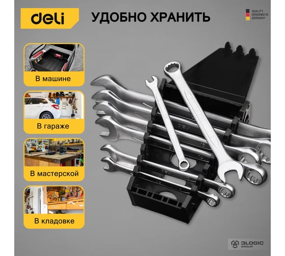 Набор комбинированных гаечных ключей DELI 6-19 мм/8 шт DL130008A (Сталь 40Cr, пластиковый кейс) 98316