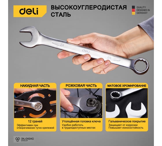Набор комбинированных гаечных ключей DELI 10-32мм/14шт DL130014B (Сталь 40Cr, чехол из ткани oxford) 98322