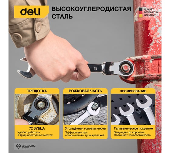 Набор комбинированных шарнирных ключей DELI с трещоткой 8 шт. DL140208T 98319