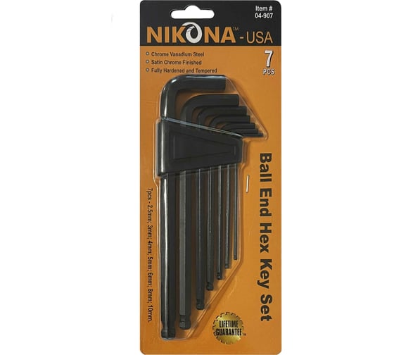 Набор шестигранных ключей со сферической головкой NIKONA  7шт (2,5-10 мм), Хр/В сталь 04-907 1