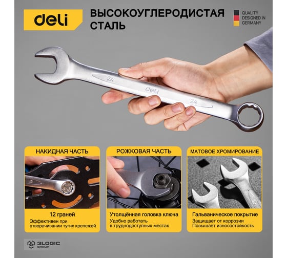 Набор комбинированных гаечных ключей DELI DL130014A (Сталь 40Cr, чехол из ткани oxford) 6-24мм/14шт 104509
