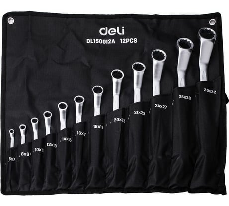 Набор накидных изогнутых гаечных ключей в сумке DELI 12шт/ 6-32мм DL150012A (углеродистая сталь, ткань Oxford) 104511