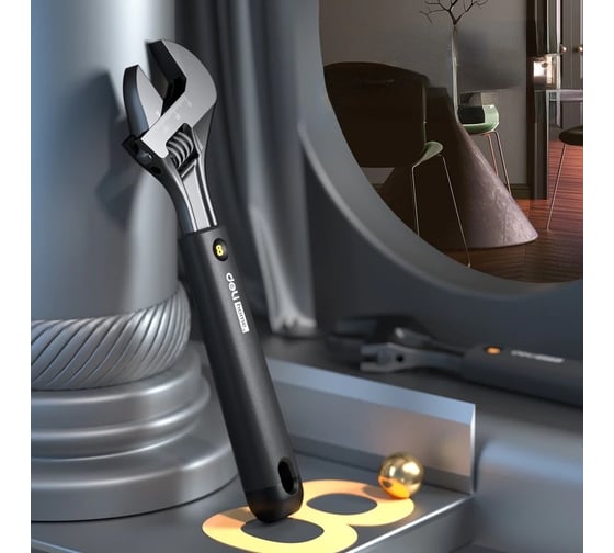 Разводной ключ DELI Home Series Black HT1508 200 мм, Soft Touch рукоять, лазерная гравировка шкалы, эксклюзивный дизайн, подарочная упаковка 104610