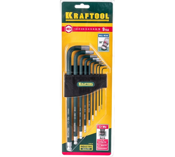Набор длинных имбусовых ключей KRAFTOOL Industrie шарик, Cr-Mo сталь, 9 шт. 27445-H9