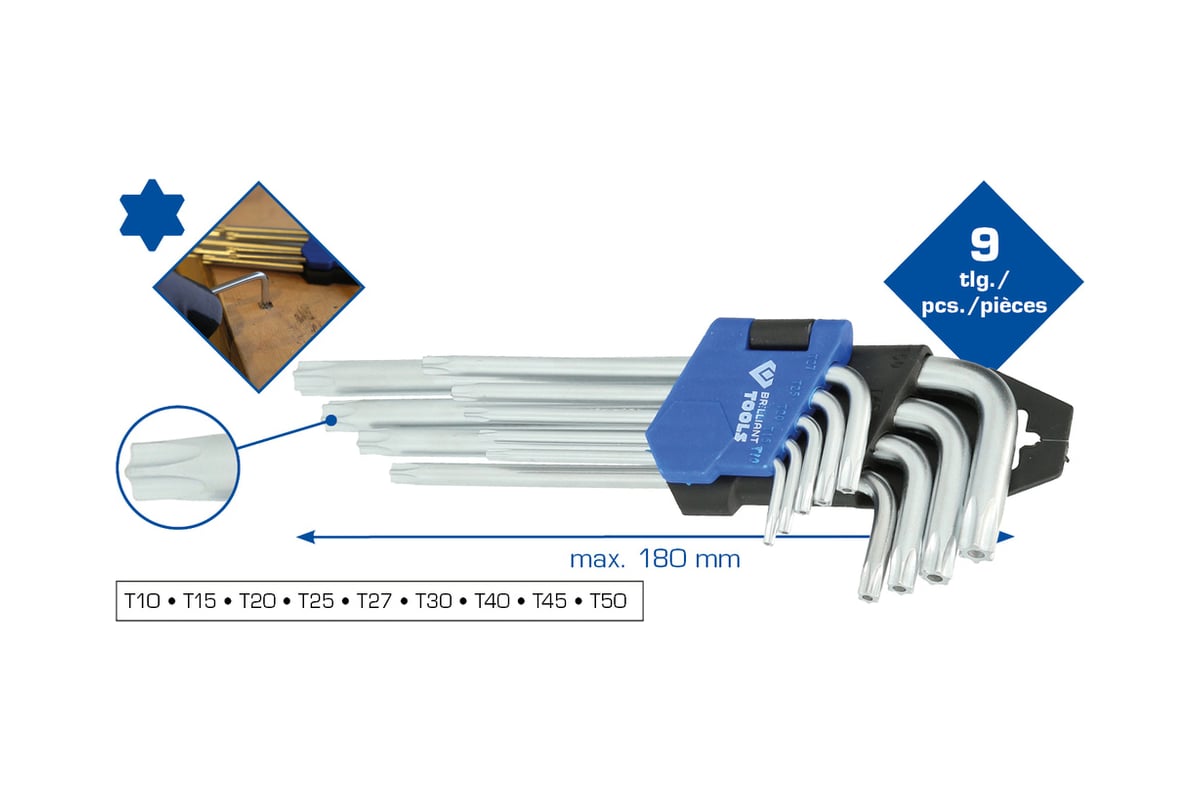 Набор угловых ключей Brilliant Tools Torx в откидном держателе, 9 ...