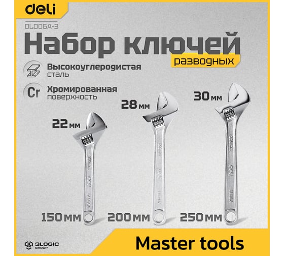 Набор разводных гаечных ключей DELI DL006A-3 150/200/250 мм, 3 шт 104449