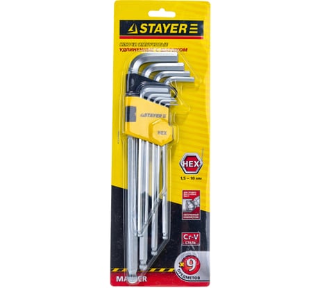 Набор имбусовых ключей, длинные с шариком 9 предметов STAYER MASTER 2741-H9-2
