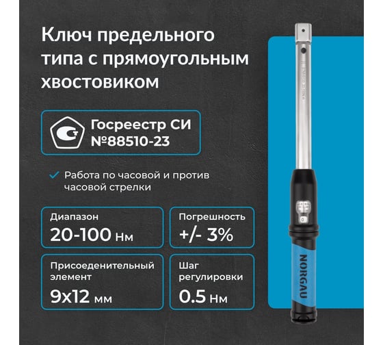 Динамометрический ключ с прямоугольным хвостовиком NORGAU 9x12 мм, 20-100 Нм тип NTW45-010I 051010010