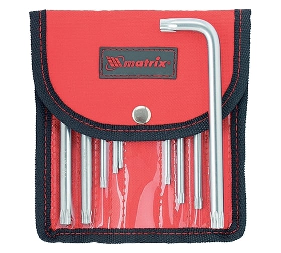 Набор коротких имбусовых ключей MATRIX TORX-TORX Tamper T10-T50, CrV, сатинирование, чехол, 9 шт. 12312 1