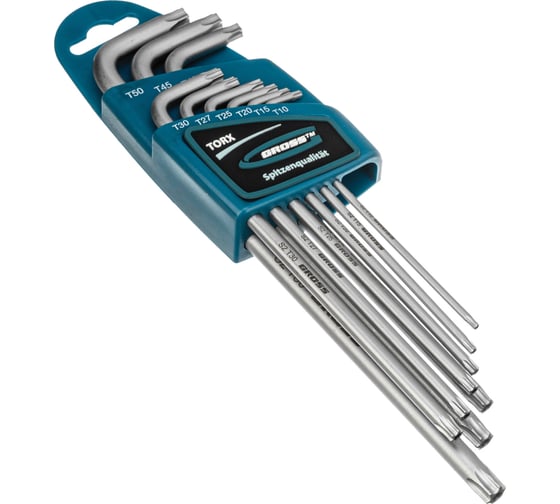 Набор экстрадлинных имбусовых ключей GROSS TORX-TT T10-T50, S2, сатинированные, 9 шт. 16408
