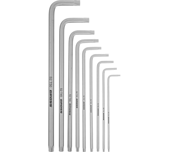 Набор экстрадлинных имбусовых ключей GROSS TORX-TT T10-T50, S2, сатинированные, 9 шт. 16408
