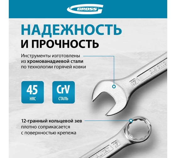 Набор комбинированных ключей GROSS 6-22 мм, CrV, холодный штамп, 12 шт. 15149