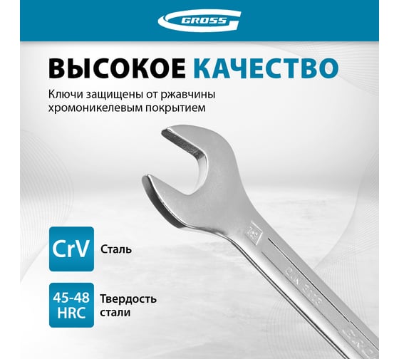 Набор комбинированных ключей GROSS 8-19 мм, CrV, холодный штамп, 8 шт. 15148