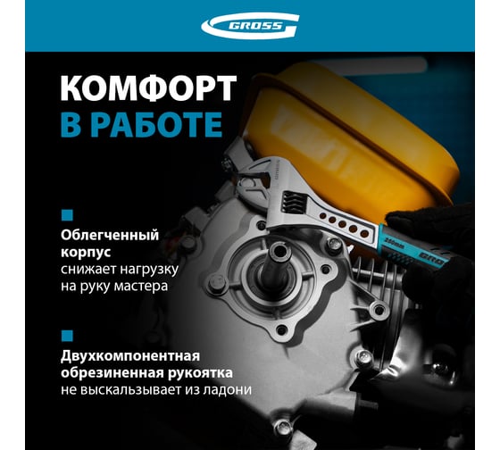 Разводной ключ GROSS 250 мм CrV, двухкомпонентная ручка 15562