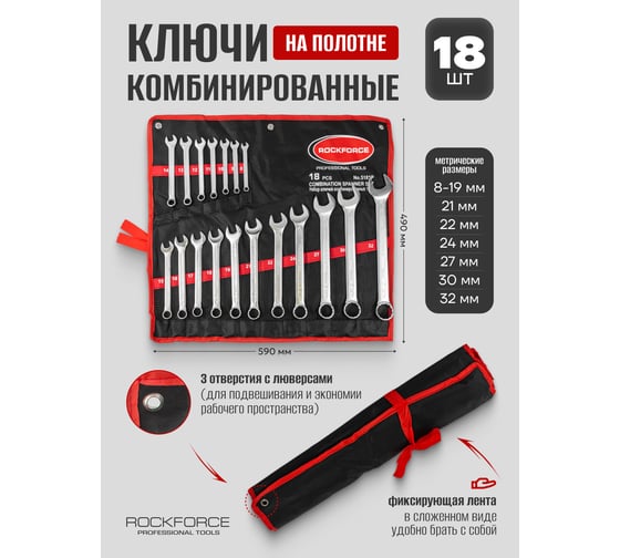 Набор комбинированных ключей ROCKFORCE 18 предметов, на полотне RF-5181-RF-5281P(904) RF-5181P(904)