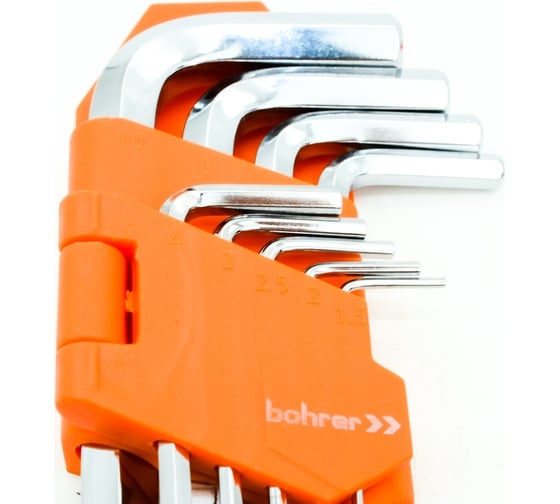 Набор шестигранных имбусовых ключей BOHRER HEX с шаром 1,5; 2; 2,5; 3; 4; 5; 6; 8; 10 мм, 9 шт. 49101119
