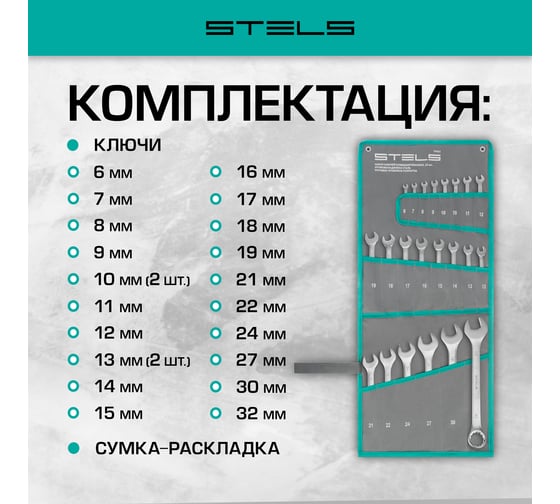 Набор комбинированных ключей STELS 6-32 мм, 22 шт., CrV, матовый хром 15423