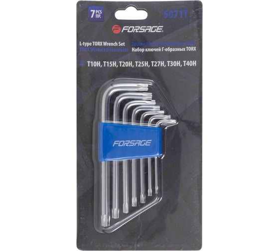 Набор ключей Forsage Г-образных TORX 7 пр, Т10Н, Т15Н, Т20Н, Т25Н, Т27Н, Т30Н, Т40Н -с отверстием в пластиковом держателе F-5071T(6493)