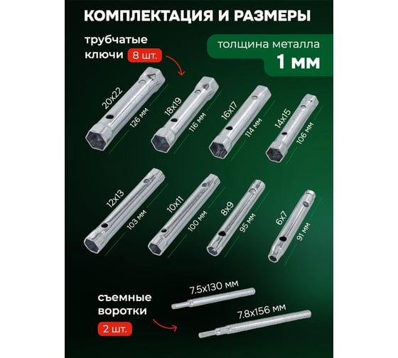 Набор трубчатых торцовых ключей Rockforce 10пр 6x7,8x9,10x11,12x13,14x15,16x17,18x19,20x22, в блистере RF-50817B(47304)