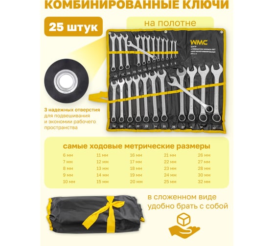 Комбинированные ключи WMC TOOLS 6-28, 30, 32 мм, 25 предметов WMC-5261P(54761)