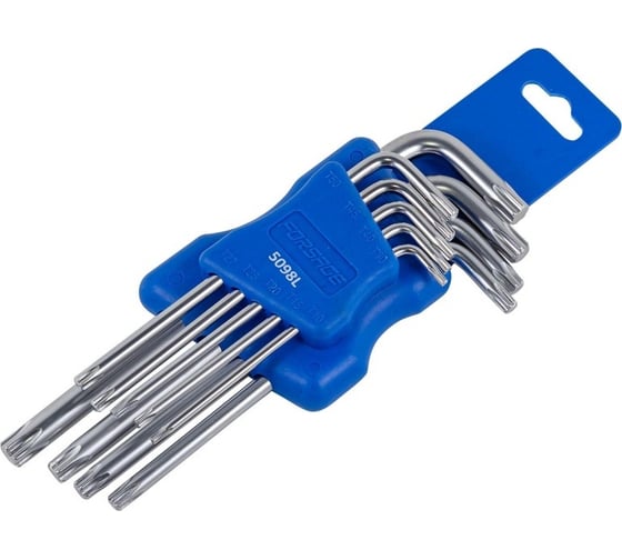 Набор ключей Forsage TORX Г-образных длинных 9 предметов, Т10, Т15, Т20, Т25, Т27, Т30, Т40, Т45, Т50 в пластиковом держателе F-5098L(6535)