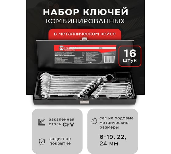 Набор комбинированных ключей Forcekraft 16 пр 6-19,22,24 мм, в метал, кейсе FK-5161(29932)