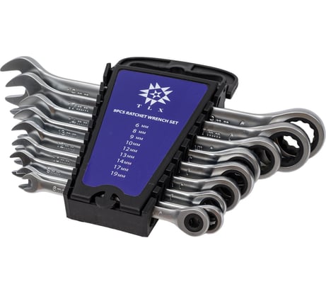 Набор комбинированных ключей TLX MT8602PR рожковые и накидные, с трещоткой, 6-19 мм, на клипсе, 9 шт. 73375