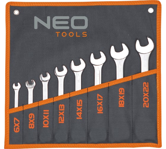 Двухсторонние ключи с открытым зевом NEO Tools 6-22 мм, 8 шт. 09-851