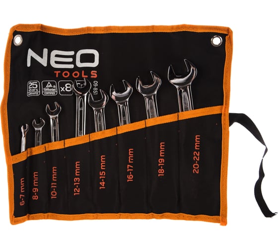 Двухсторонние ключи с открытым зевом NEO Tools 6-22 мм, 8 шт. 09-851