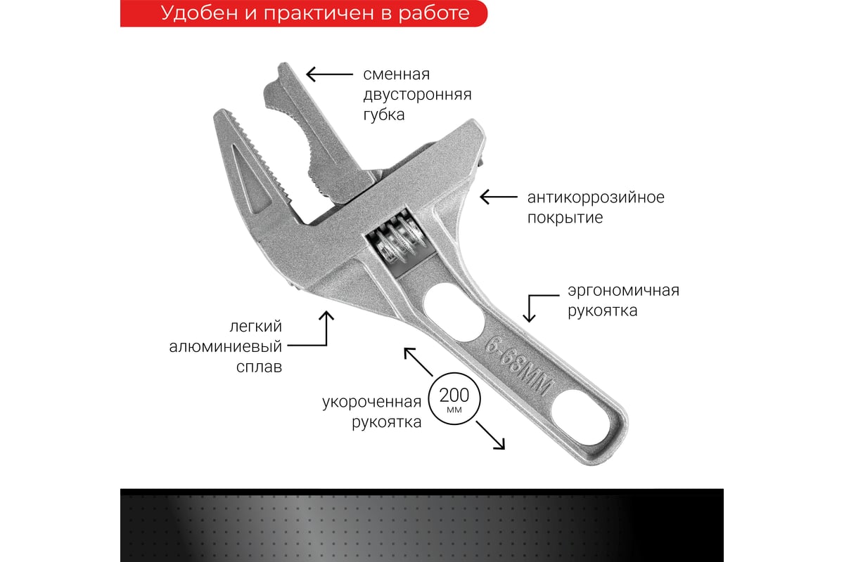 Разводной ключ VIRA сантехнический 6-68мм с укороченной ручкой 311007 -  выгодная цена, отзывы, характеристики, фото - купить в Москве и РФ