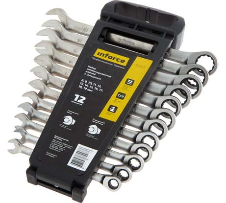 Набор комбинированных ключей с трещоткой 12 предметов Inforce, Сталь Cr-V, 8-19мм, 06-05-49