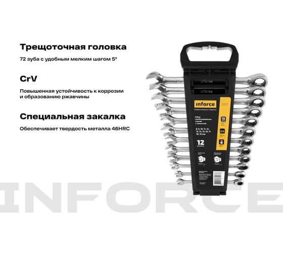 Набор комбинированных ключей с трещоткой 12 предметов Inforce, Сталь Cr-V, 8-19мм, 06-05-49