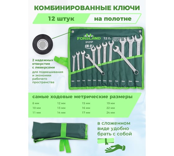 Набор комбинированных ключей Forsland 8, 10-17, 19, 22, 24 мм, 12 предметов Forsland-5121P55044