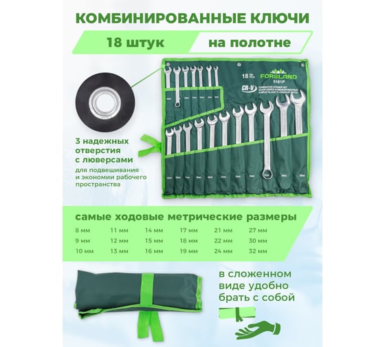 Набор комбинированных ключей Forsland 8-19, 21, 22, 24, 27, 30, 32 мм, 18 предметов Forsland-5181P55047