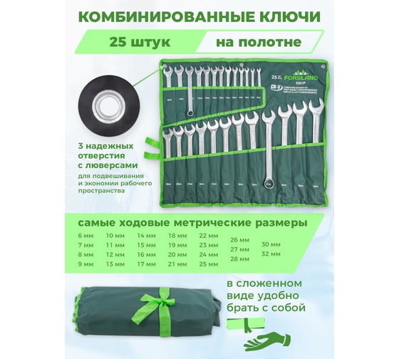 Набор комбинированных ключей Forsland 6-28, 30, 32 мм, 25 предметов Forsland-5261P(55048)