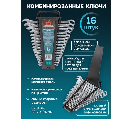 Набор комбинированных ключей ISMA 6-19, 22, 24 мм, в пластиковом держателе, 16 предметов ISMA-5161MP(52368)
