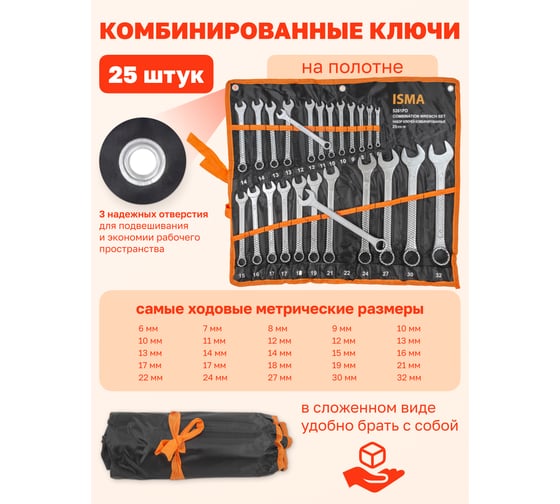 Комбинированные ключи, набор ISMA 25пр. (6-32мм) ISMA-5261PD(54621)