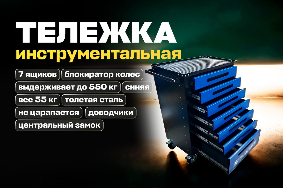 Инструментальная тележка Great Wolf 7 ящиков, центральный замок, колеса с  тормозом, синяя GWT-B7L - выгодная цена, отзывы, характеристики, фото -  купить в Москве и РФ