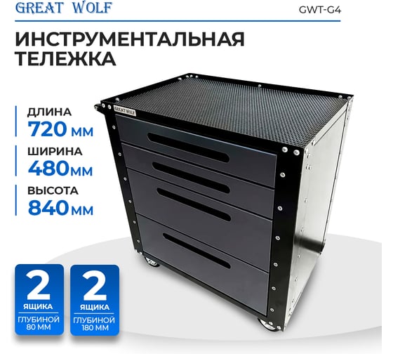Инструментальная тележка Great Wolf 4 ящика, колеса с тормозом, серая GWT-G4