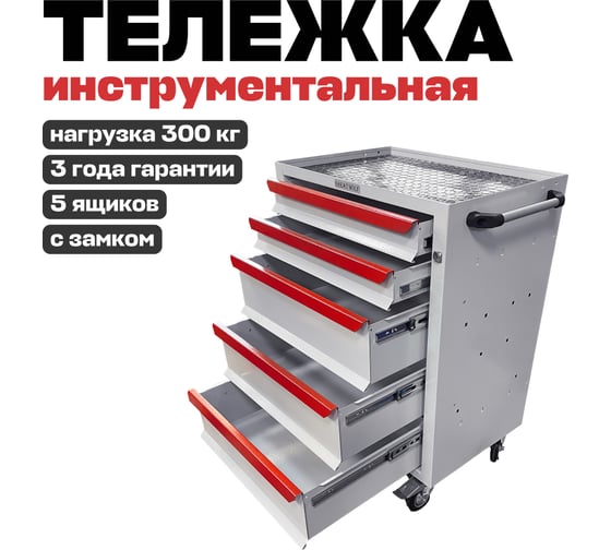 Инструментальная тележка Great Wolf 5 ящиков, цз, колеса с тормозом, белая GWT-K5W